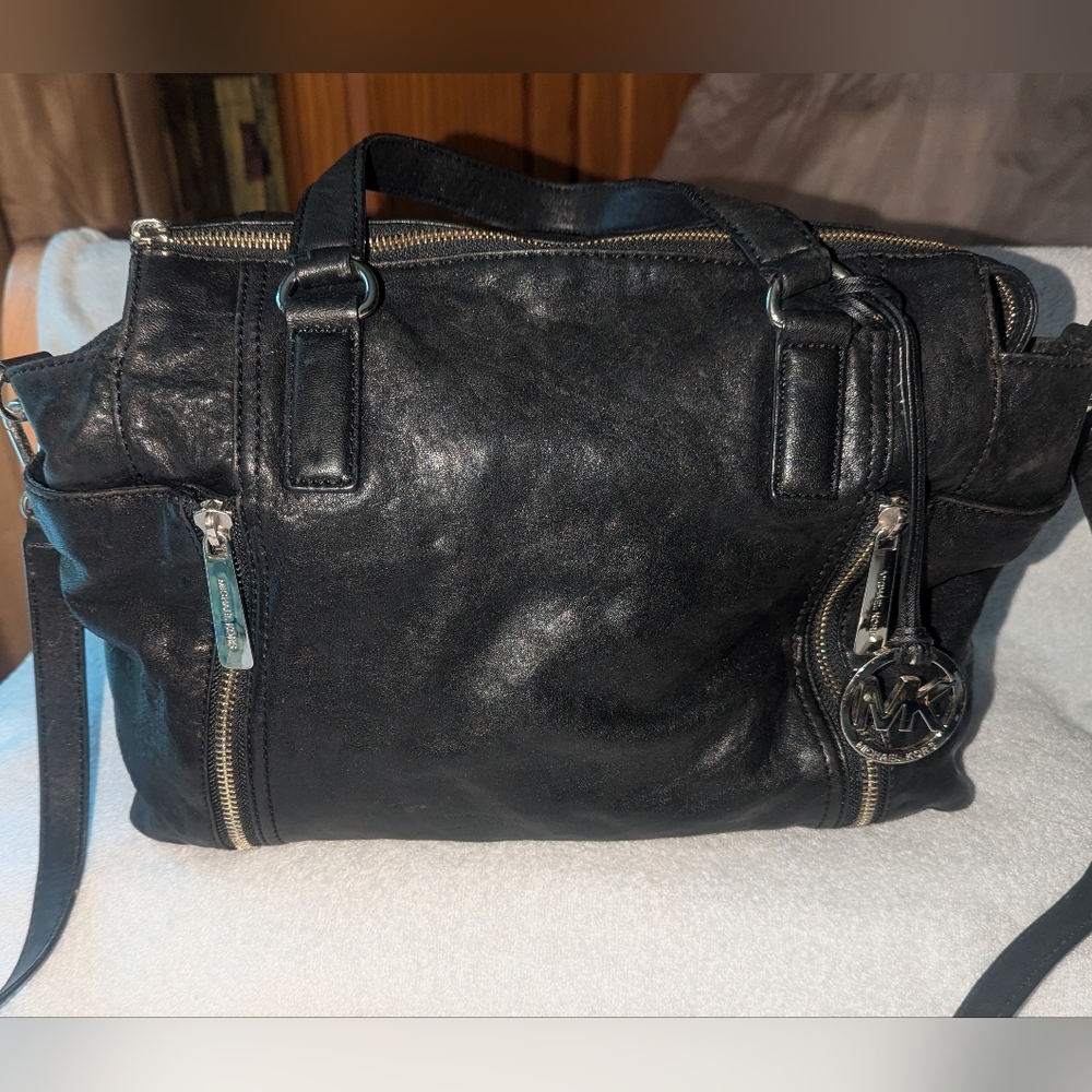 Michael Kors black distressed leather tote bag
